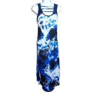 Women's Cato Black Blue White Tie Dye Maxi Stretch Dress Strappy Ruched Small P